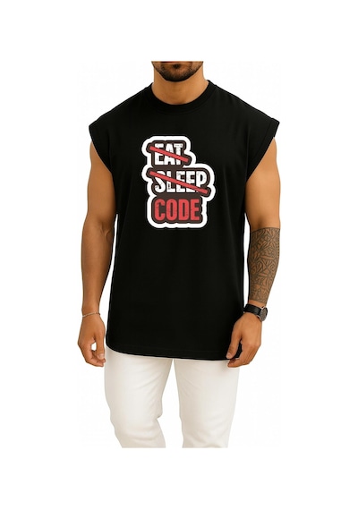 Bahriyeli Collection Oversize Yeme Uyuma Sadece Kod Yaz Yazılımcı - Programmer Göğüs Baskılı Atlet Siyah