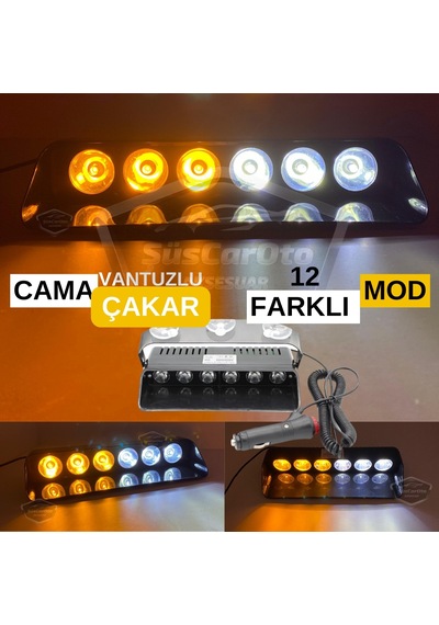 S6 Cam İçi Vantuzlu Ambulans İtfaiye Çakar Lamba İkaz Lambası 6 Ledli 12 Farklı Mod Sarı Beyaz Çakmaklık Girişli 00 Şüscaroto Aksesuar