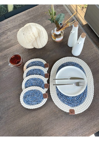 4 Adet Oval Kılfılı Bardak Altlığı- Leke Tutmaz- Beyaz-mavi 13x17 Cm Beyaz - Mavi