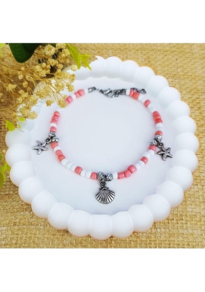 Gümüş Renk Dorika Aparat - Pembe & Beyaz Renk Deniz Temalı Kadın Halhal