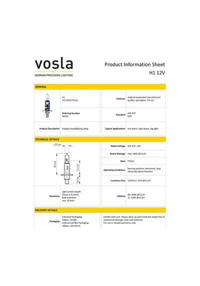 Vosla 12v H1 Ampul 55w P14,5s Vs28320 2 Li