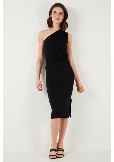 Lela Slim Fit Tek Omuzlu Yırtmaçlı Bağlama Detaylı Midi Bayan Elbise 5866272 Siyah
