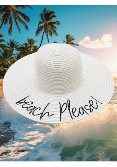 Tezzgelsin Kadın Beach Please Nakış İşlemeli Hasır Şapka Beyaz