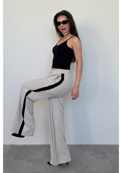 Madmext Bej Şerit Detaylı Bol Paça Kadın Pantolon Mg2441 Bej