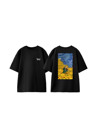 Thewert Van Gogh 3 Tasarım Sırt Baskılı Pamuk Siyah Oversize T-shirt