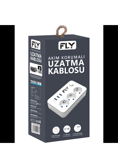 Fly 3406-01, 3 Soket, 3 Usb, Akım Korumalı Priz, 2.1a, Anahtarlı, 2mt Kablo, Beyaz