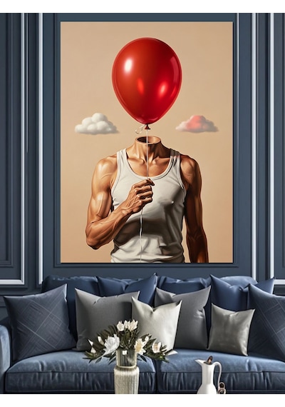 Ahşap Tablo Kırmızı Balon Kafalı Genç Adam İllüstrasyonu