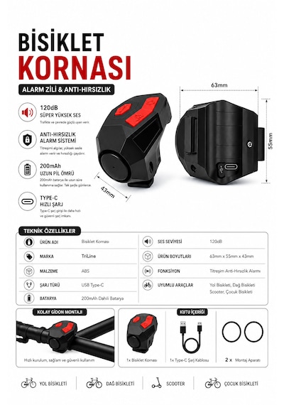Kenly 20 Db Usb Şarjlı Bisiklet Kornası Alarm Zili Anti Hırsızlık Elektrikli Korna Scooter Uyumlu Siyah