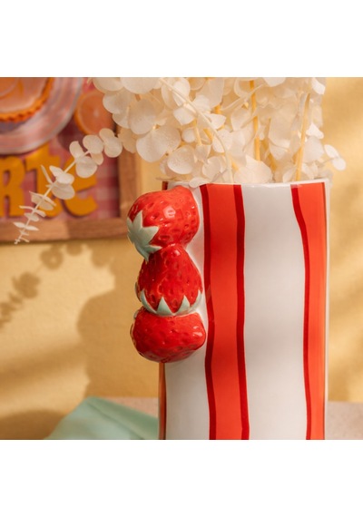 Deco Çizgili Çilek Vazo - Kırmızı - 23x11 Cm Çok Renkli