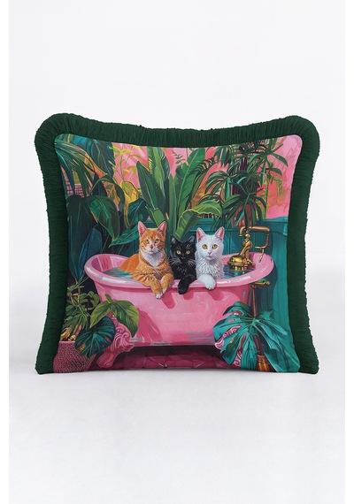 Vintage Kedi Temalı Saçaklı Yastık Kılıfı - Egzotik Bitki Bohem Yeşil Pembe Püsküllü Kırlent Kılıfı Çok Renkli