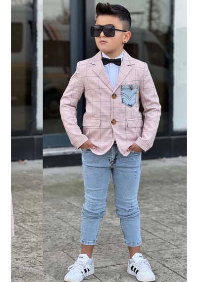 Riccotarz Erkek Çocuk Çizgili Blazer Ceket Kot Pantolon Pudra Şeker Alt Üst Takım Pembe