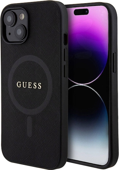 Apple Uyumlu iPhone 15 Kılıf Guess Lisanslı Magsafe Şarj Özellikli Yazı Logo Saffiano Kapak Siyah