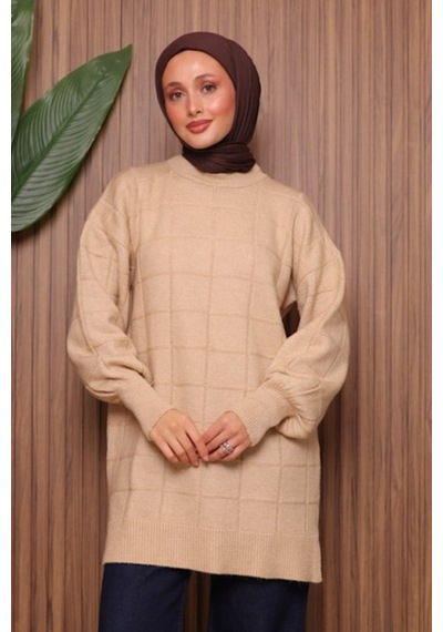 Balenbi Kare Dokulu Oversize Yumoş Tesettür Triko Tunik 7012 Bej