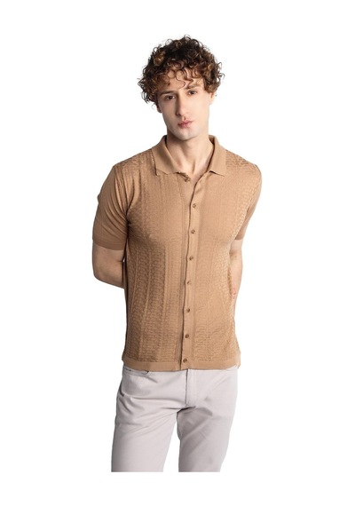 Vizon Slim Fit Dar Kalıp Düğmeli Polo Yaka Desenli Kısa Kollu Triko Tişört-16322 Bej