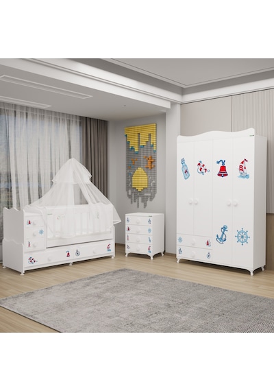 Melina Yıldız 4 Kapaklı Bebek Odası + Yatak + Uyku Seti - Denizci Beyaz
