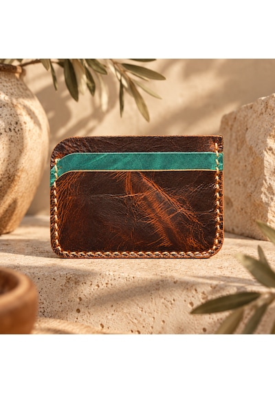 Oakco Leather Hakiki Deri Handmade Kahverengi-yeşil Kartlık Açık Kahverengi - Taba
