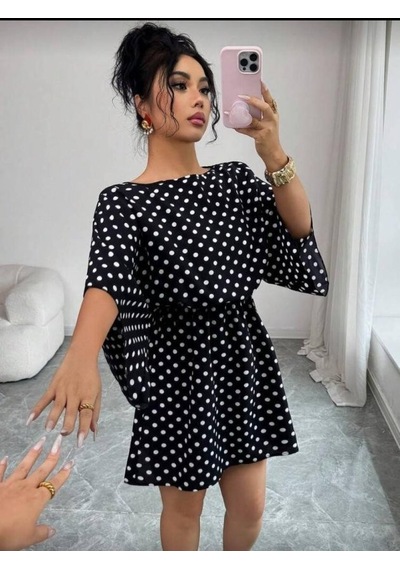 Efnaz Style Kadın Puantiyeli Örme Krep Mini Elbise Kemersiz Siyah