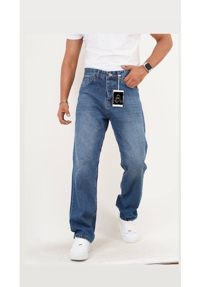 Koyu Mavi Taşlamalı Baggy Pantolon Taşlamakoyumavi