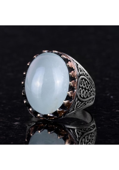 925 Ayar Katı Gümüş Erkek Yüzük - Doğal Taşlarla El Yapımı Şıklık Cabochon Akuamarin Taşı Gümüş