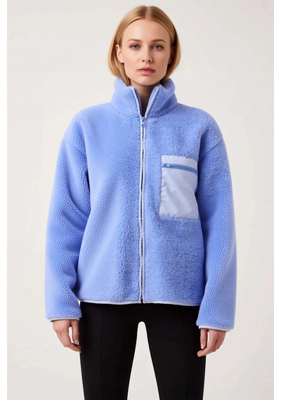 Benerly Kadın Dik Yaka Düşük Kol Tam Fermuarlı Peluş Sweatshirt Fonksiyon Açık Mavi