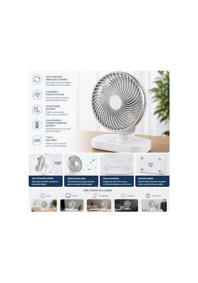 Masaüstü Vantilatör 120 Otomatik Döner Başlık 4 Kademeli Hız Sessiz Mini Fan, Taşınabilir, Uzun Süre Kullan