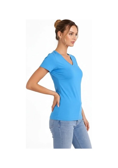 Valensdesign T-shirt V Yaka Slim Fit Likralı Tişört Günlük Basic Body - Açık Mavi