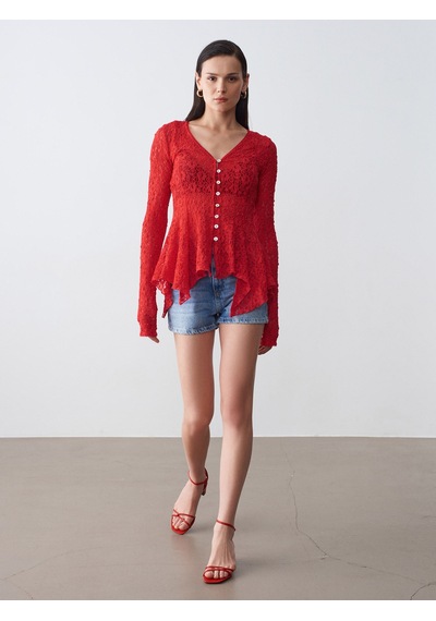 Dilvin 60433 Düğmeli Peplum Dantel Hırka-kırmızı