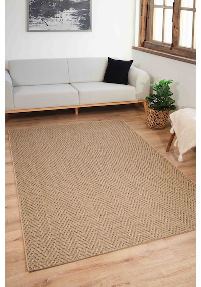 Sisaluna 4441 Bej Jüt Tabanlı Modern Dokuma Kilim Sisal Hasır Halı Bej