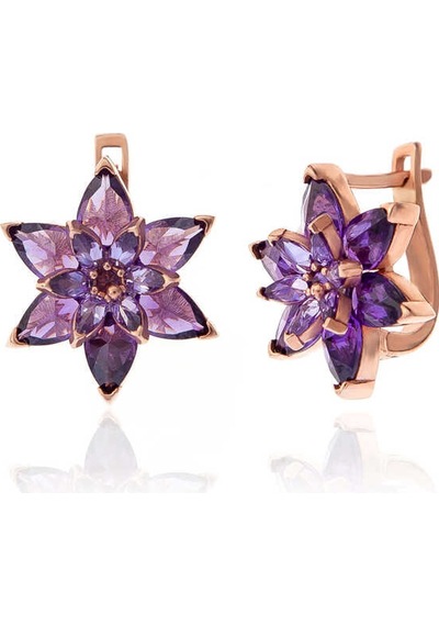 Gümüş Rose Mor Lotus Çiçeği Kadın Küpe Gümüş