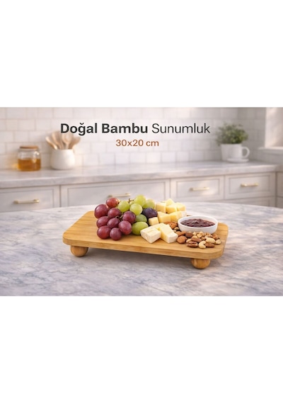 Bambu Top Mantar Ayaklı Dikdörtgen Sunumluk 20x30 Cm Şık Pasta & Tatlı Servis Tabağı Kahverengi