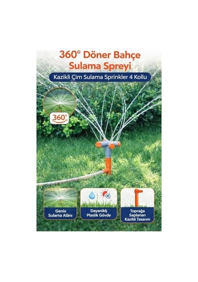 360 Döner Bahçe Sulama Fıskiyesi, 4 Kollu Otomatik Sprinkler, Kazıklı Tasarım, Geniş Alan Kaplama