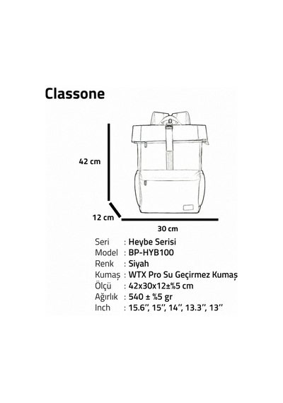 Classone BP-HYB100 Heybe Serisi Wtxpro Su Geçirmez Kumaş 15.6 " Uyumlu Notebook Laptop Macbook Sırt Çantası Siyah
