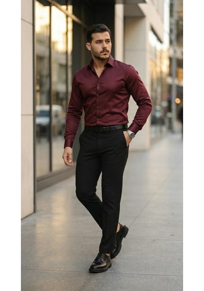 Valensdesign Erkek Saten Klasik Gömlek Bordo