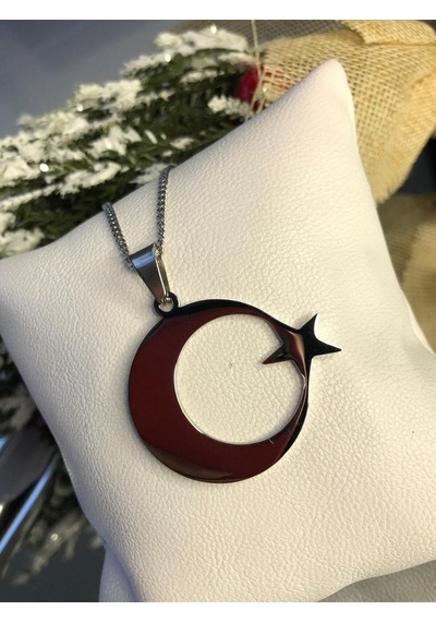 Vog 3.5 Cm Ay Yıldız Türk Bayrağı Sevgiliye Eşe Babaya Arkadaşa Hediye Beyaz Çelik Kolye Beyaz