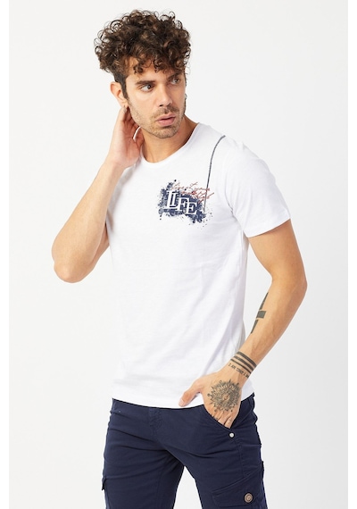Bisiklet Yaka Baskılı T-shirt Beyaz