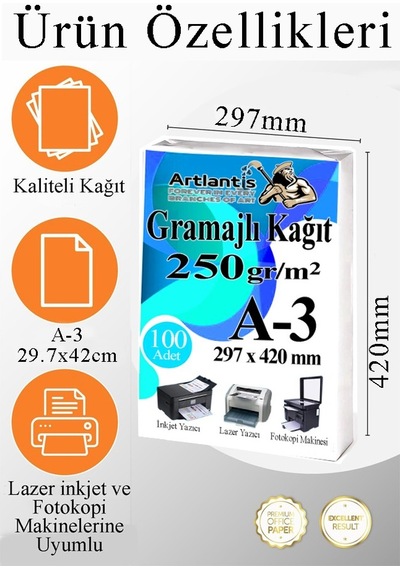 A3 Gramajlı Fotokopi Kağıdı 250 Adet 250 Gr Sertifika Kağıdı Kalın Kağıt Baskı Tüm Yazıcılara Uyumlu 29,7x42cm Ofis Büro
