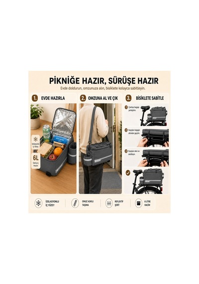 6 Litre Termal Bisiklet Arka Bagaj Çantası, Suya Dayanıklı, Reflektörlü, Suluk Cepli Sele Üstü Çanta Gri