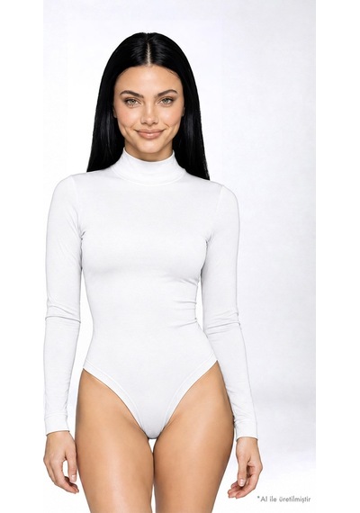 Cottonhıll Premium - Drape Collection Beyaz Viskon Balıkçı Yaka Uzun Kollu Çıtçıtlı Kadın Bodysuit