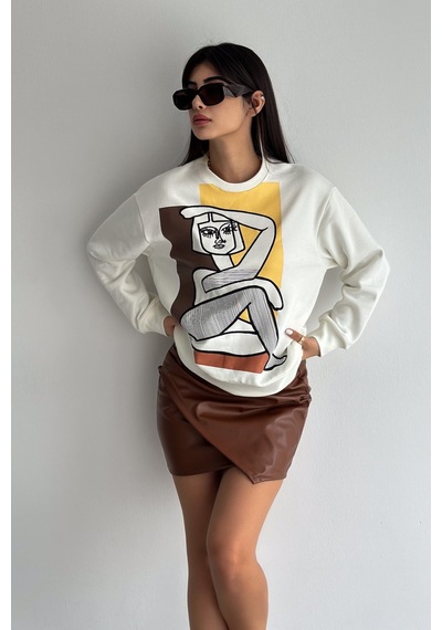 Femelle Nakış İşlemeli - İçi Pamuklu Sweatshirt Ekru