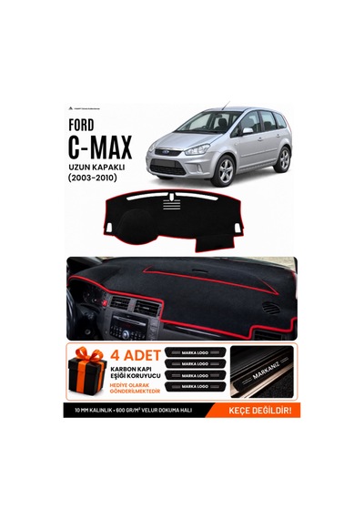 Ford C-max 2003-2010 Uzun Kapaklı Uyumlu Torpido Örtüsü, Torpido Kılıfı - Siyah Kırmızı