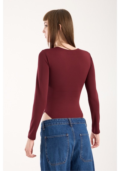 Gugus Kadın Bisiklet Yaka Uzun Kollu Çıtçıtlı/zıbın Body Bordo1