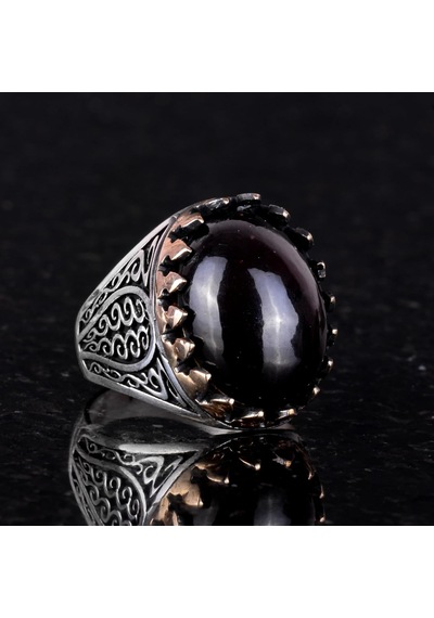 925 Ayar Katı Gümüş Erkek Yüzüğü Doğal Taşlarla - El Yapımı Şıklık Cabochon Granat Taşı Gümüş