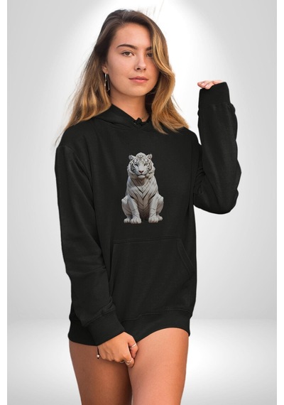 Beyaz Kaplan Kadın Erkek Siyah Kapüşonlu Sweatshirt Hoodie Siyah