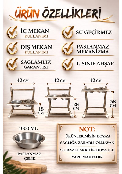 Kedi Ve Köpekler İçin 3 Kademeli Yükseltilebilir Mama-su Standı + 2 Paslanmaz Çelik Kase