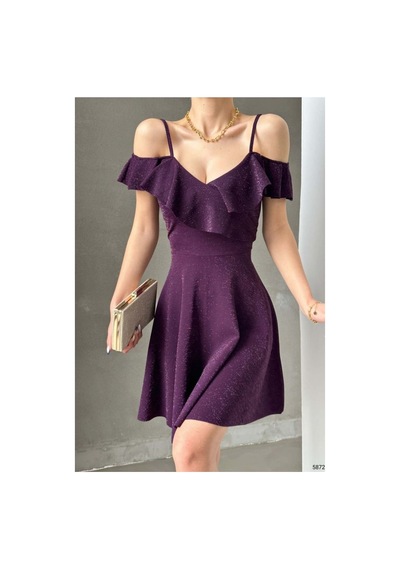 Lior Design Kadın Trend Model Esnek Krep Kumaş Kruvaze Yaka Volanlı Abiye Elbise Mor