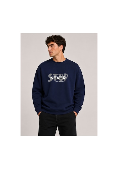 Herkesemoda Stop Never Detaylı Bisiklet Yaka Şardonlu 2 İplik Sweatshirt Lacivert
