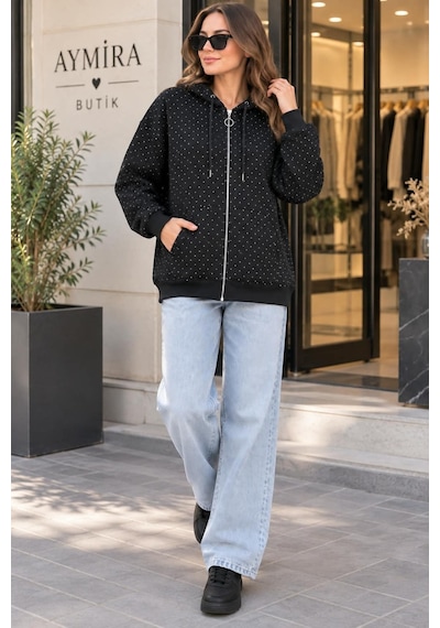 Aymiraa Kadın Siyah Taş Detaylı Kapüşonlu Sweatshirt Cepli Günlük Spor Üst 3 İplik Siyah Siyah Aymiraa Kadın Siyah Taş Detaylı Kapüşonlu Sweatshirt Cepli Günlük Spor Üst 3 İplik Siyah Siyah