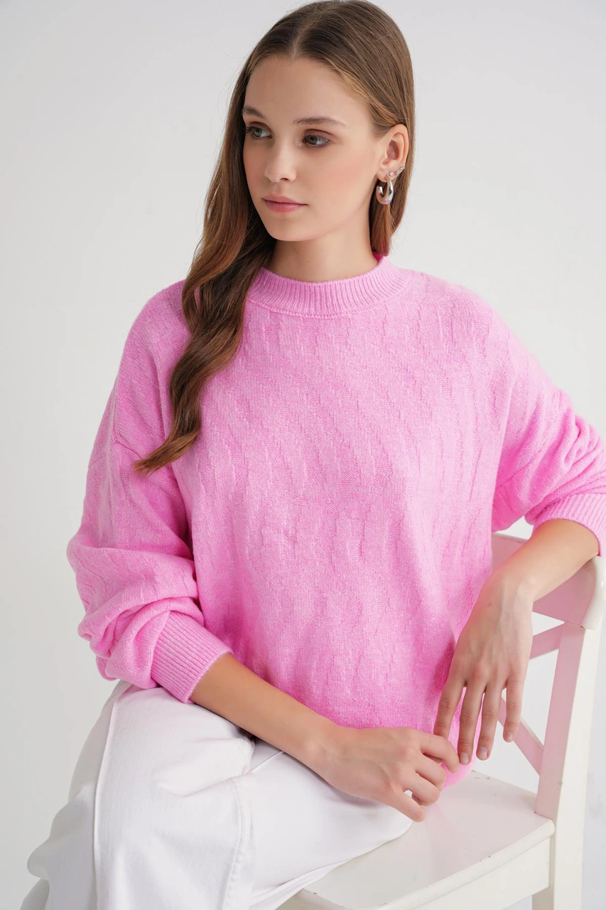 Mixray 6947 Kadın Kendinden Desenli Oversize Triko Kazak Pembe