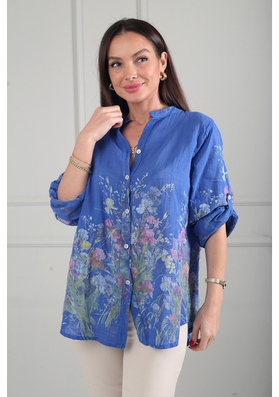 By Saygı Kadın Çiçek Desenli İtalyan Cotton Oversize Gömlek Saks