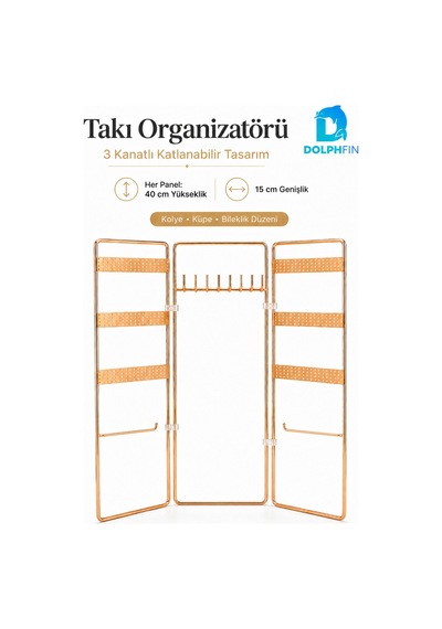 3 Kanatlı Katlanabilir Takı Organizeri Küpe Kolye Bileklik Standı Gold Altın